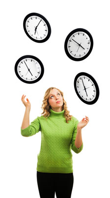 a woman juggling clocks